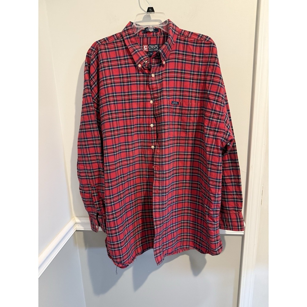 Vintage 90's CHAPS Ralph Lauren Shirt Mens XXL Plaid Long Sleeve Red Button Down